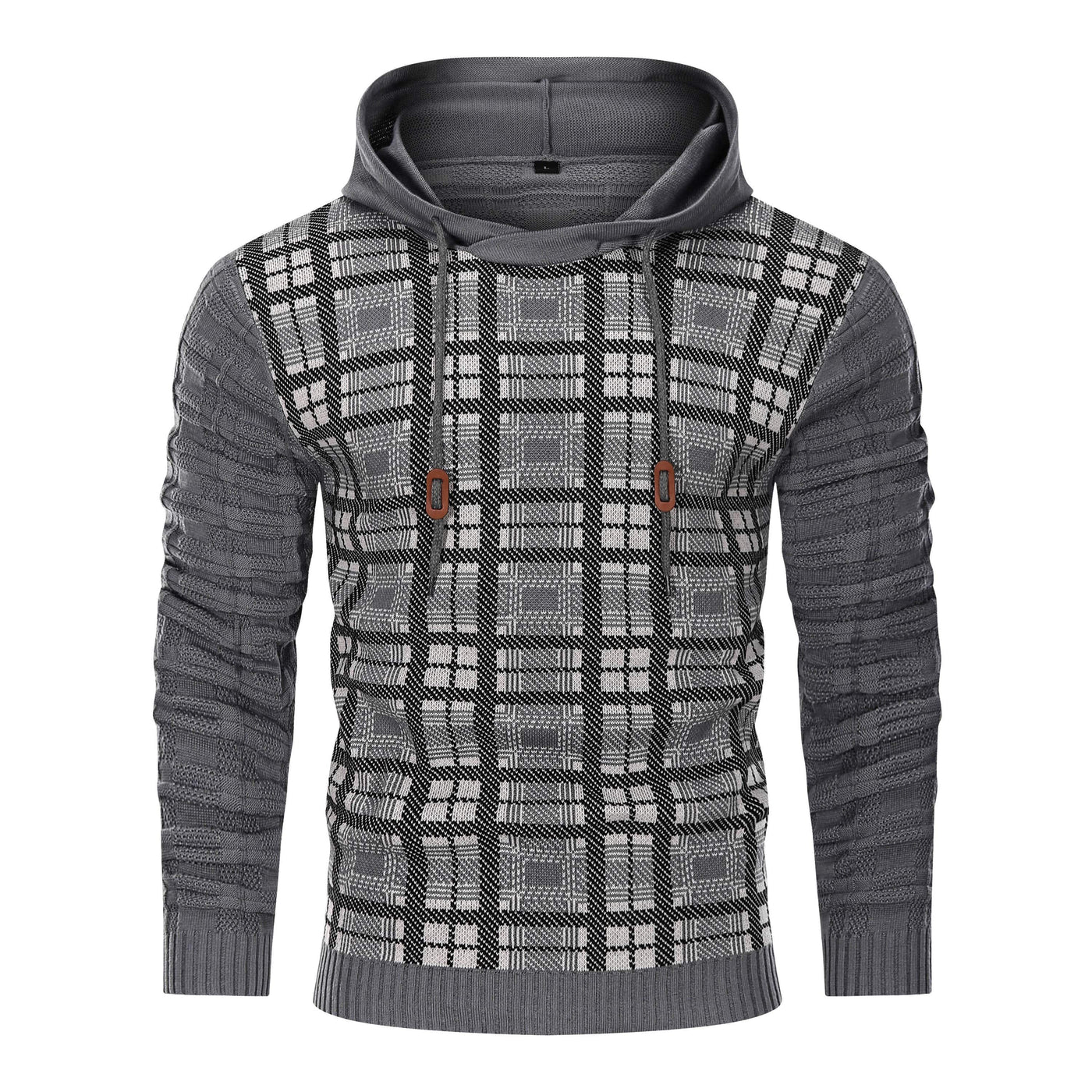 Hooded Sweater - Men - Plaid Knit Design - Ribbed Cuffs - Dario