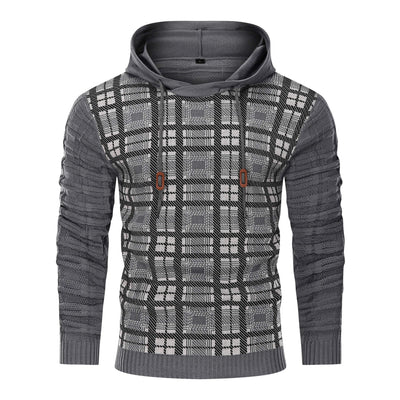 Hooded Sweater - Men - Plaid Knit Design - Ribbed Cuffs - Dario