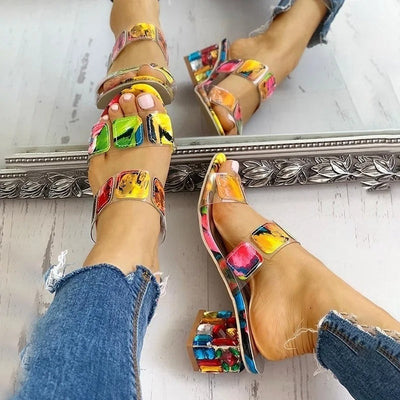 Women's chunky heel sandals with artistic multicolour design - Camila