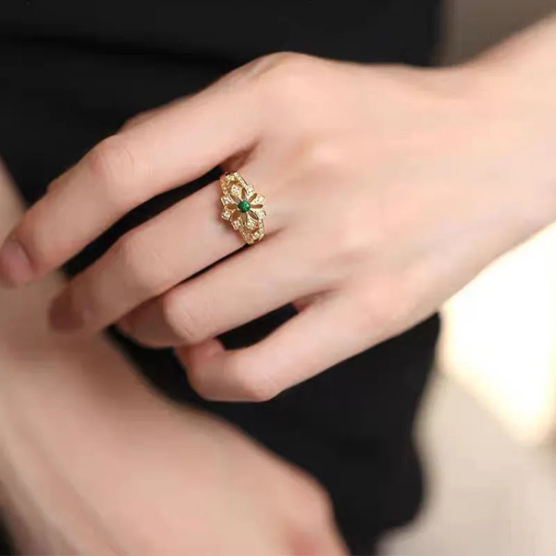 Women's Vintage Gold Flower Ring Green & White Crystals - Mireille