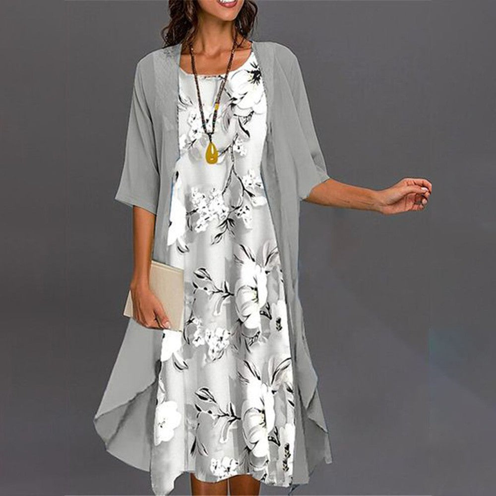 Mila - Midi dress with grey print and outerwear