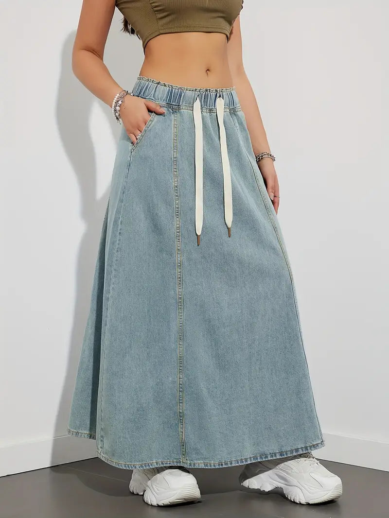 Long denim skirt with adjustable drawstring, comfortable and versatile perfect for a casual and trendy look