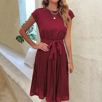 Women's pleated midi dress with elegant belt - Julieta