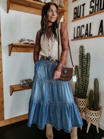 Women's long denim skirt with ruffles bohemian style - Alaya