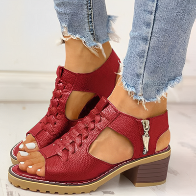 Block Heel Sandals - Women - Cut-Out Leather Style - Mirella