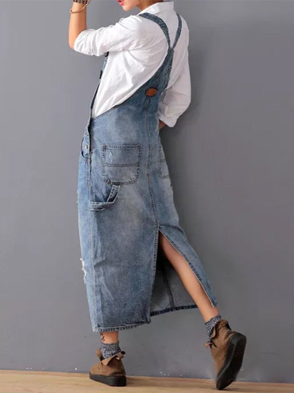 Bib dress in distressed denim with slit at the back - Lara