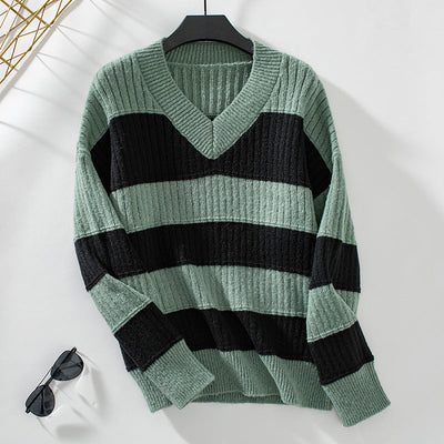 Women's Knit V-Neck Sweater - Wide Stripes - Relaxed Fit - Camryn