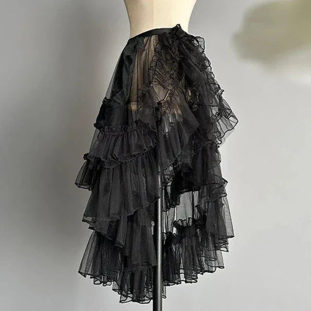 Elegant and romantic double-layer skirt with net lace ruffles perfect for a sophisticated and feminine look