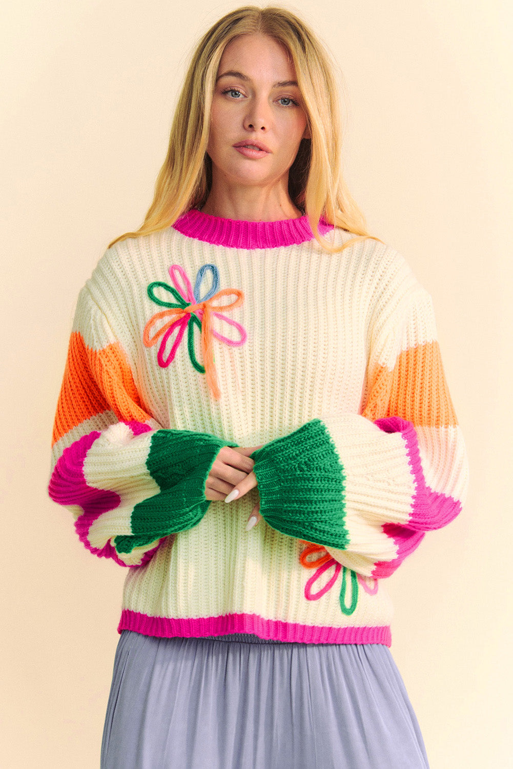 Women's Sweater - Multicolor Chunky Knit with Flower Detail - Amara