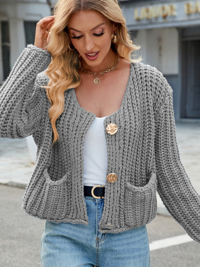 Women's Chunky Knit Buttoned Cardigan - V-Neck Pocket Design - Callista