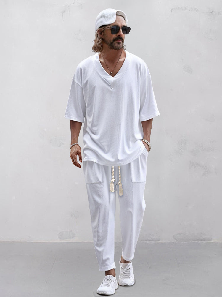 Ricky - White 3/4 sleeve trousers with drawstring