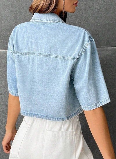 Women's casual short denim shirt with front pocket - Emilia