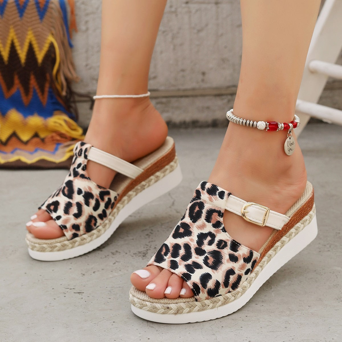Women's leopard print wedge sandals with buckle - Selene