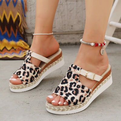 Women's leopard print wedge sandals with buckle - Selene