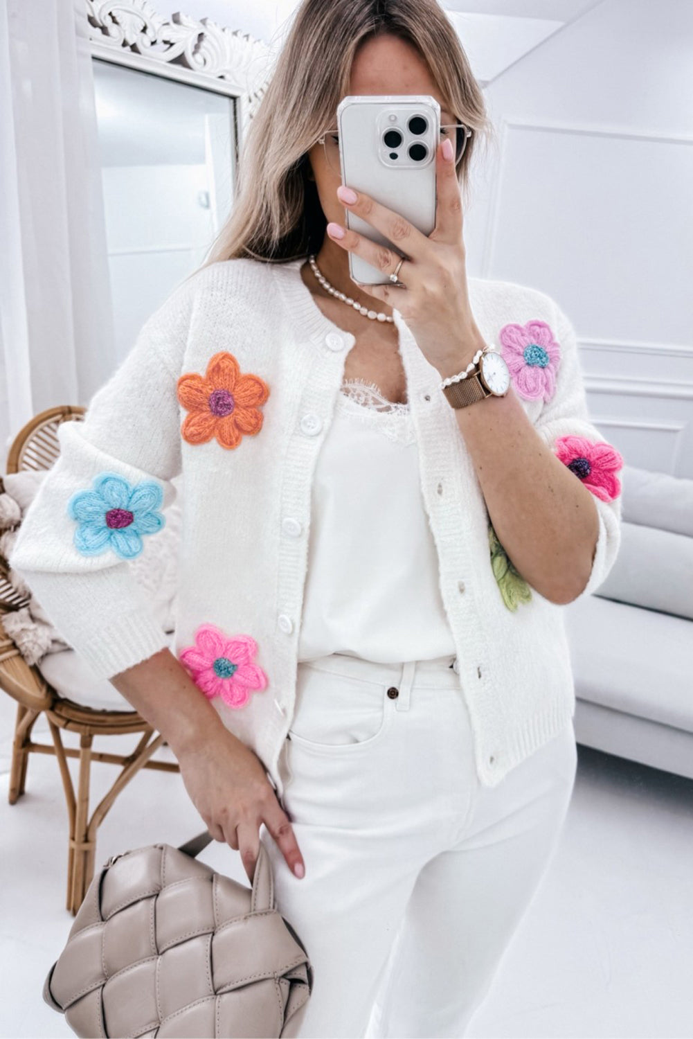 Women's Knit Button Cardigan with 3D Floral Appliqué - Eloria