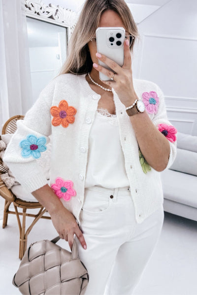 Women's Knit Button Cardigan with 3D Floral Appliqué - Eloria