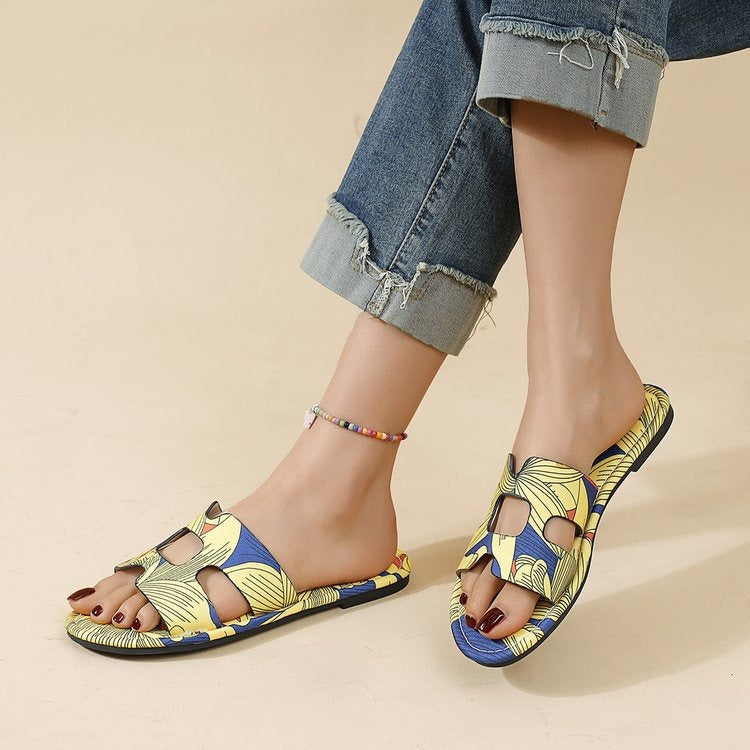 Multicolour tropical design women's flat sandals - Kaia