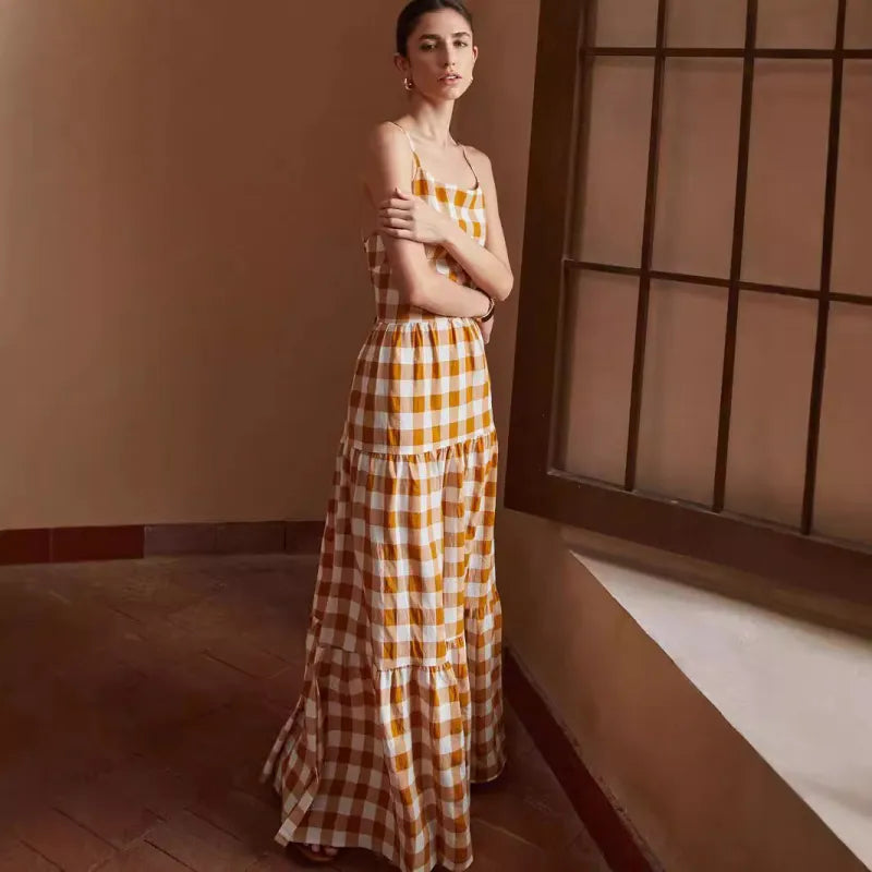 Daphne - Casual Tied Dress Plaid Backless