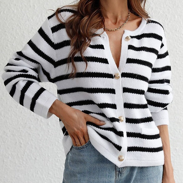 Women's Striped Knit Button Cardigan - Anaëlle