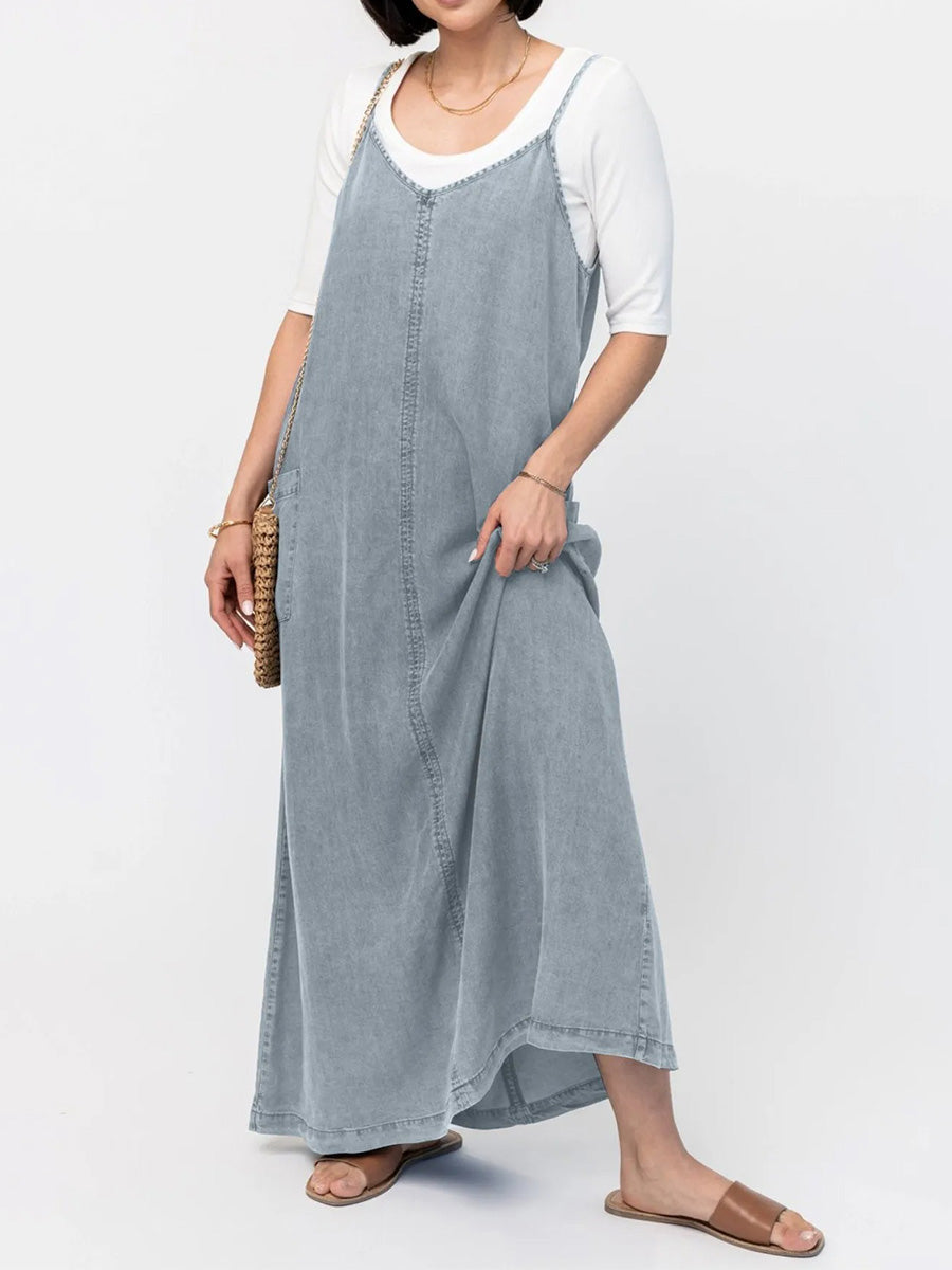 Vintage-Inspired Loose Fit Denim Maxi Dress - Vera