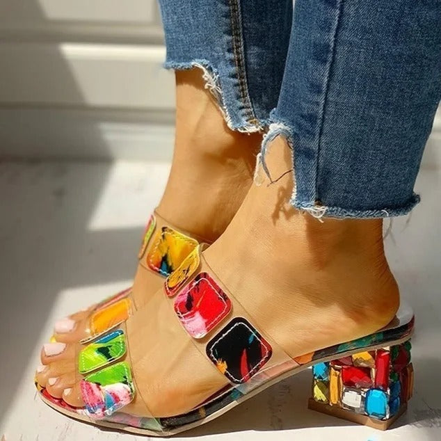 Women's chunky heel sandals with artistic multicolour design - Camila