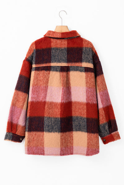 Danella - Orange checked oversized casual jacket with flap pockets and buttons
