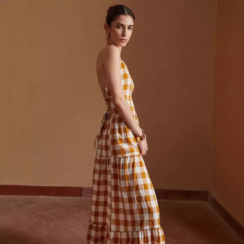 Daphne - Casual Tied Dress Plaid Backless