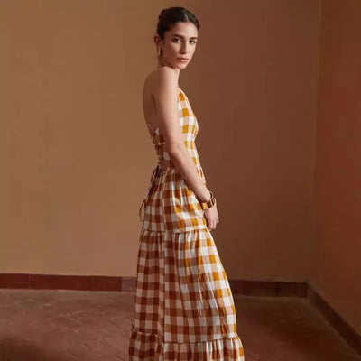 Daphne - Casual Tied Dress Plaid Backless