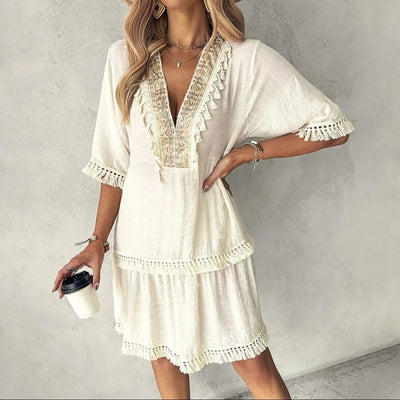 Bohemian women's dress embroidered with tassels ivory white - Isadora