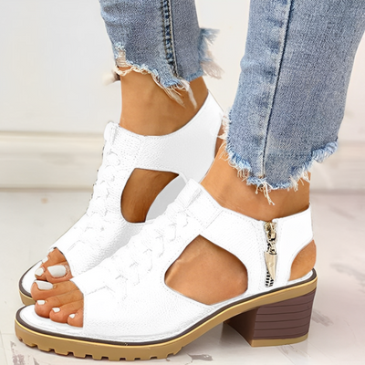 Block Heel Sandals - Women - Cut-Out Leather Style - Mirella