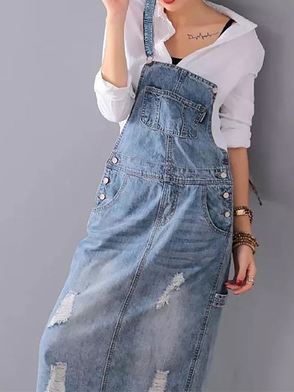 Bib dress in distressed denim with slit at the back - Lara