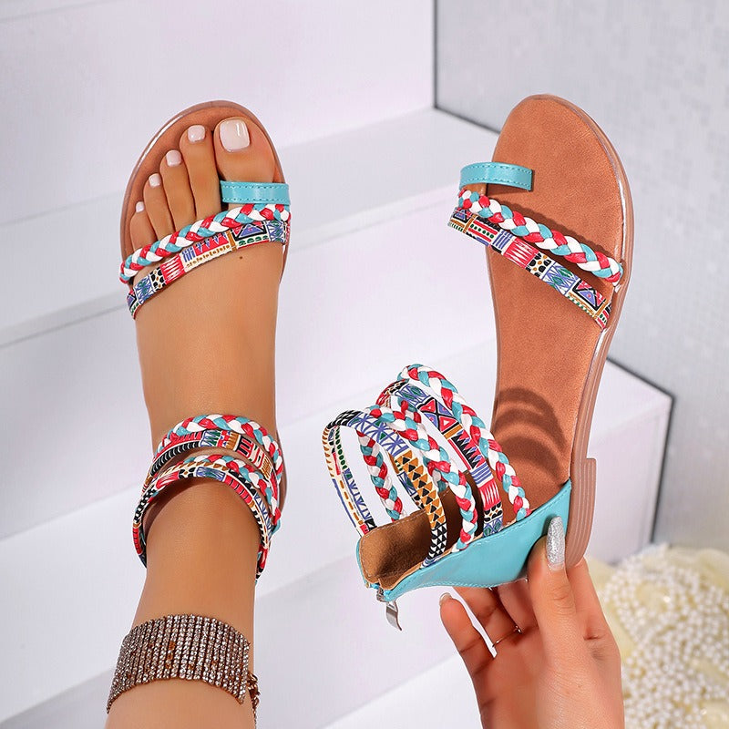 Women's flat sandals with braided ethnic design - Nayeli