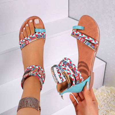 Women's flat sandals with braided ethnic design - Nayeli