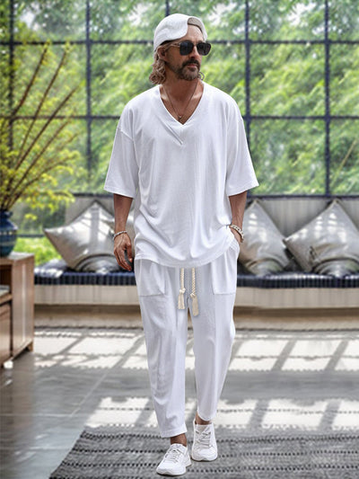 Ricky - White 3/4 sleeve trousers with drawstring