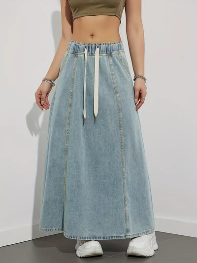 Long denim skirt with adjustable drawstring, comfortable and versatile perfect for a casual and trendy look