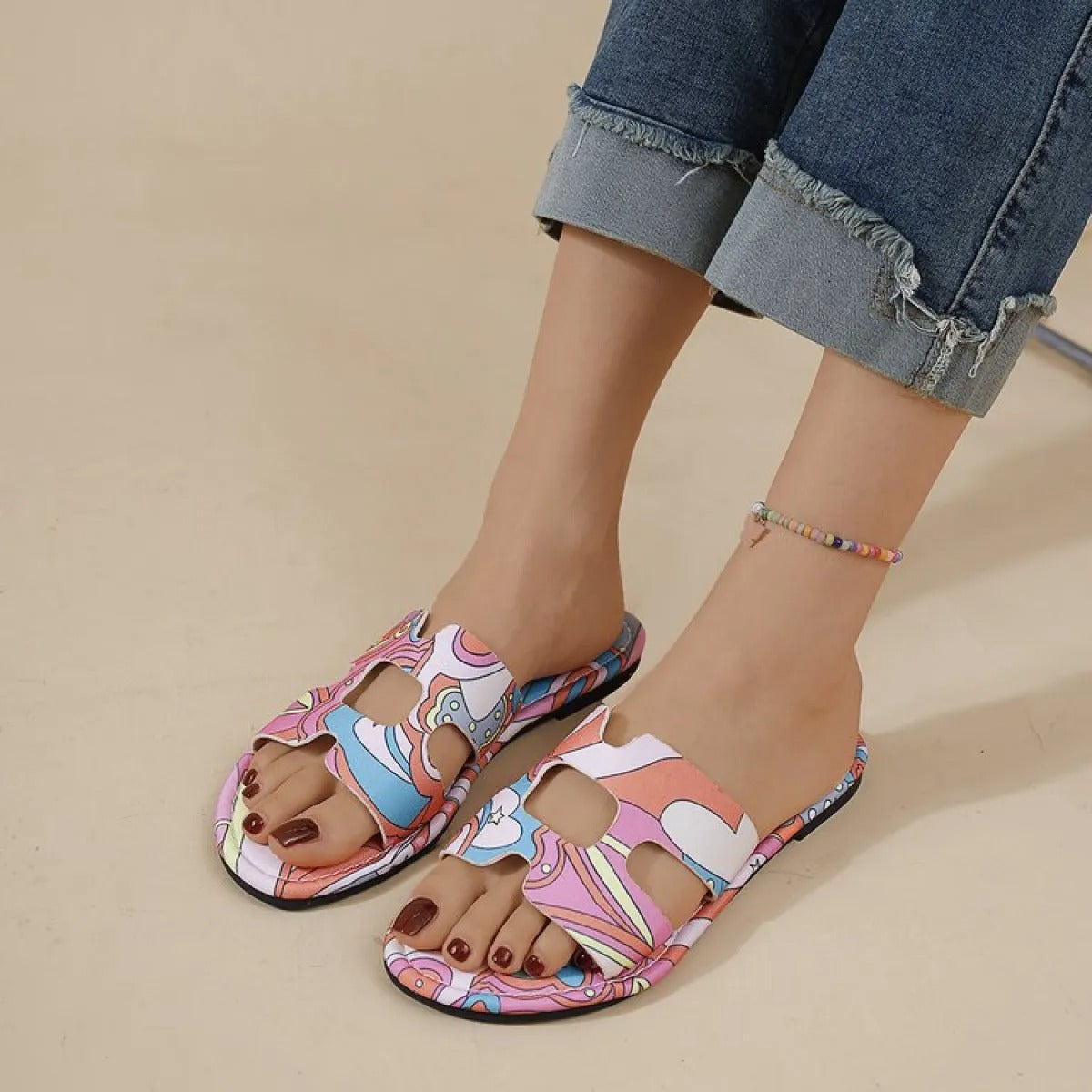 Multicolour tropical design women's flat sandals - Kaia