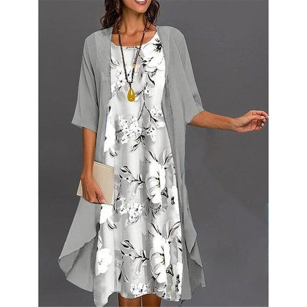 Mila - Midi dress with grey print and outerwear
