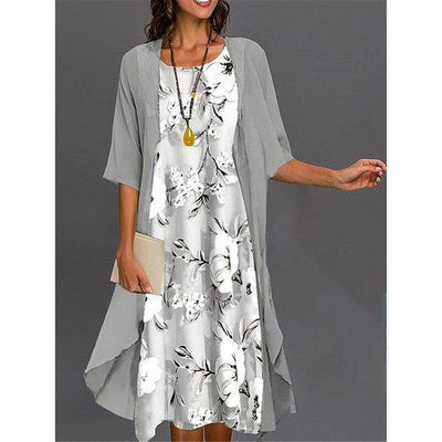 Mila - Midi dress with grey print and outerwear
