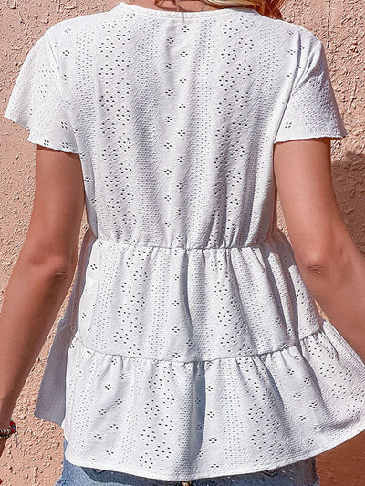 Enna - Embroidered frill blouse with V-neck and buttons