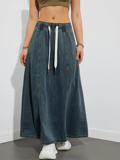 Long denim skirt with adjustable drawstring, comfortable and versatile perfect for a casual and trendy look