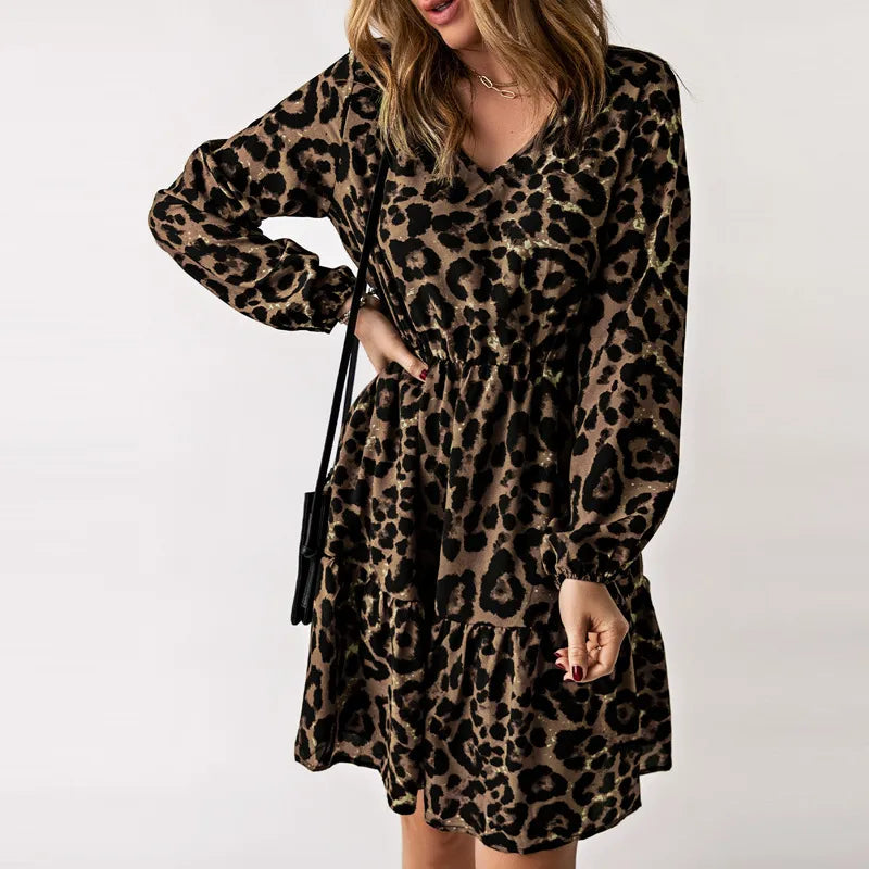Enna - Women's Leopard Print Long Sleeve Dress