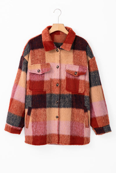 Danella - Orange checked oversized casual jacket with flap pockets and buttons