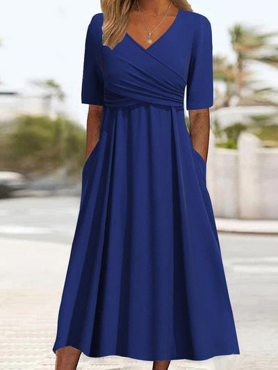 Elfina - Blue simple midi dress with V-neckline