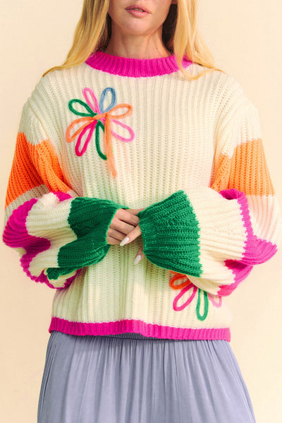 Women's Sweater - Multicolor Chunky Knit with Flower Detail - Amara