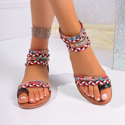 Women's flat sandals with braided ethnic design - Nayeli