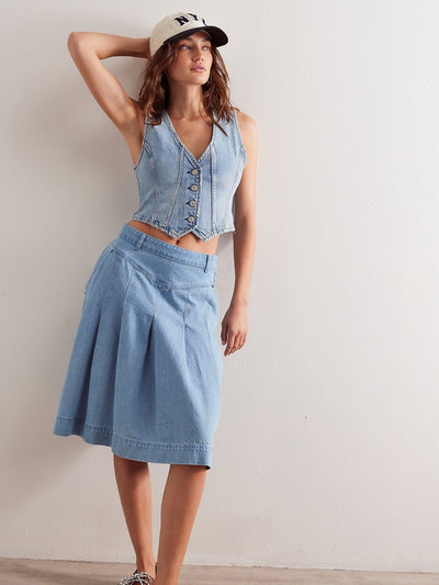 Women's vintage washed denim waistcoat - Light Blue