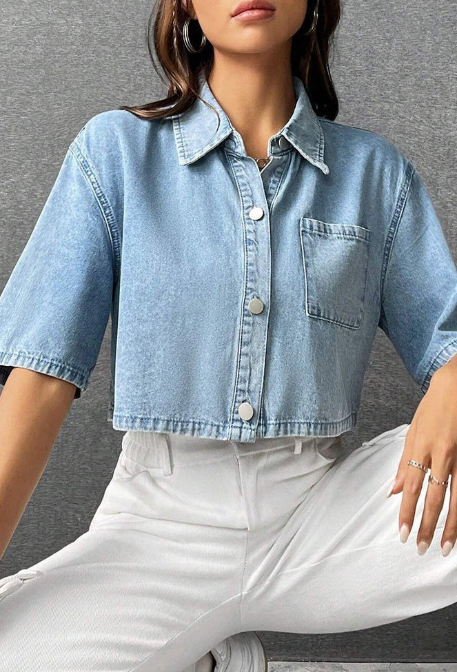 Women's casual short denim shirt with front pocket - Emilia