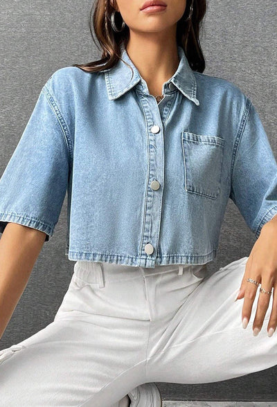 Women's casual short denim shirt with front pocket - Emilia