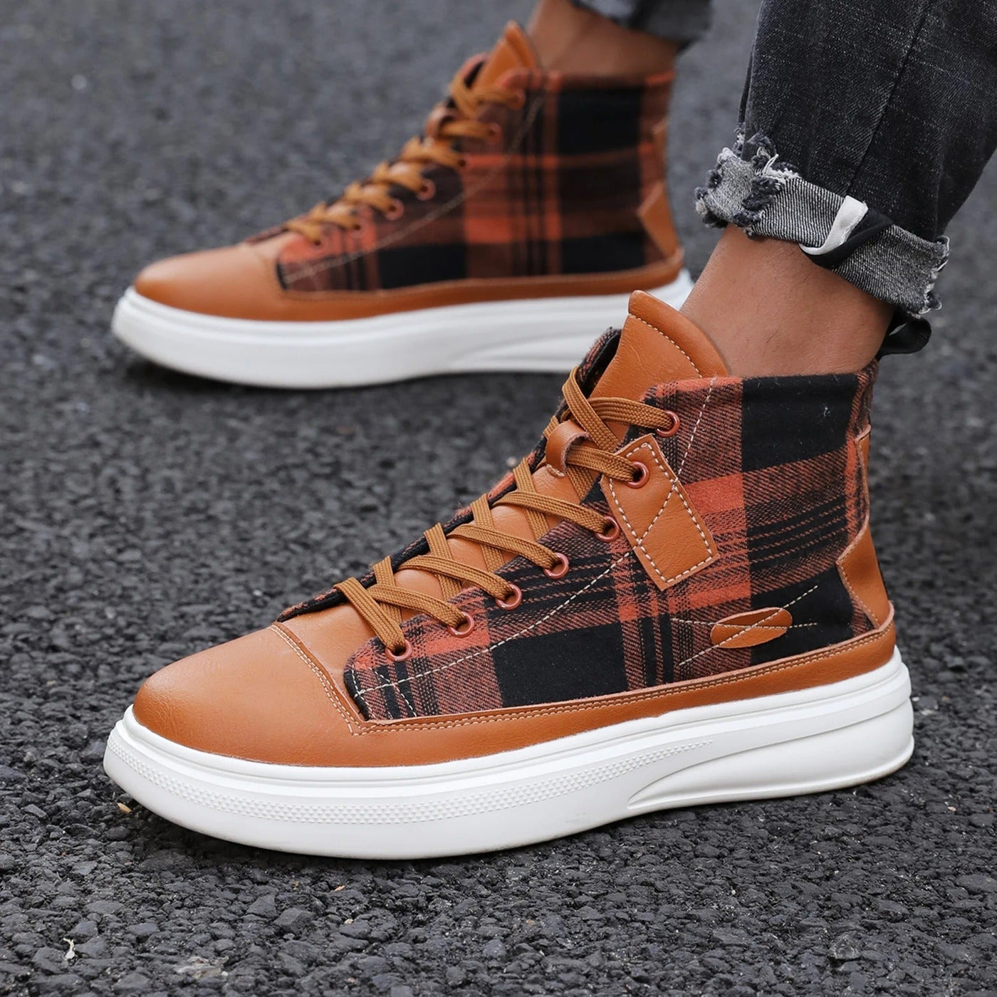 Chequered high-top trainers for men