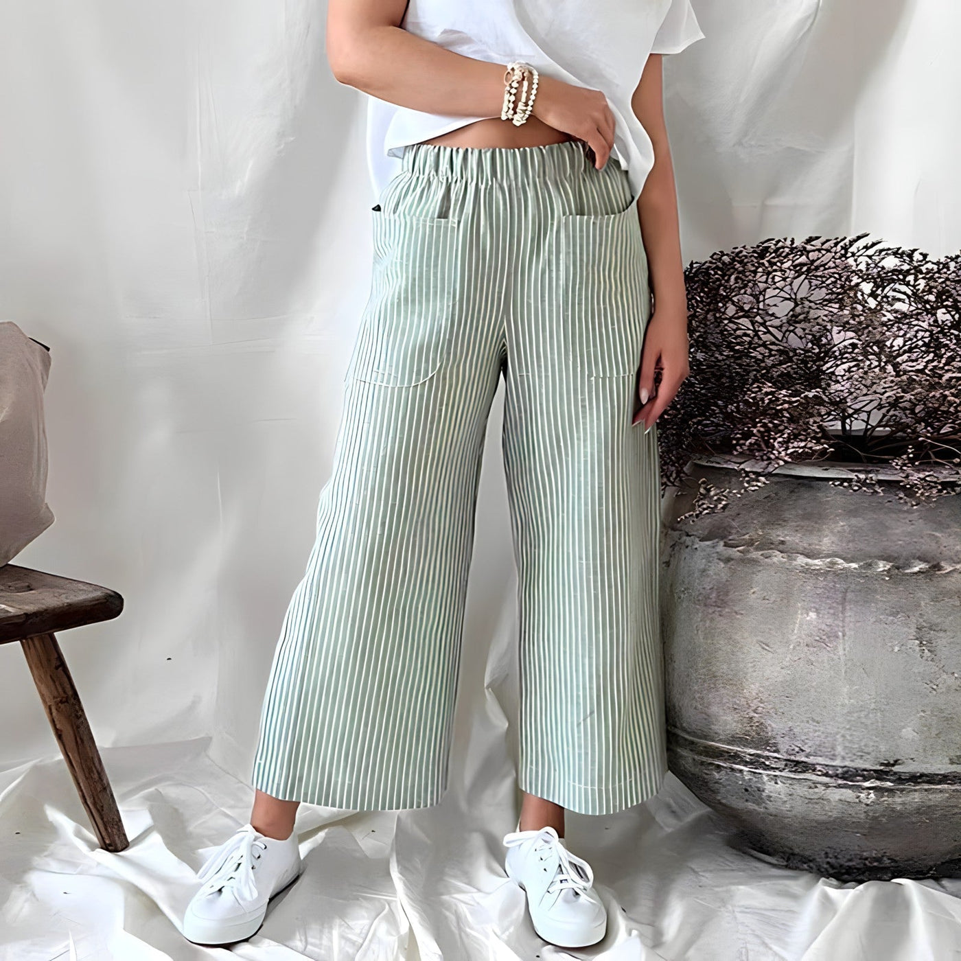Women's Wide Leg Striped Cotton Trousers - Alivna